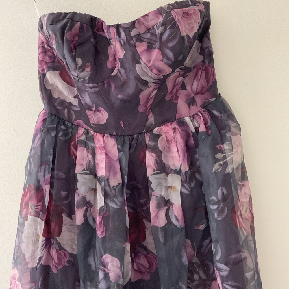 Lulus Wonderful Waltz Purple Floral Print Strapless Bustier Organza Maxi Dress S - Picture 6 of 14
